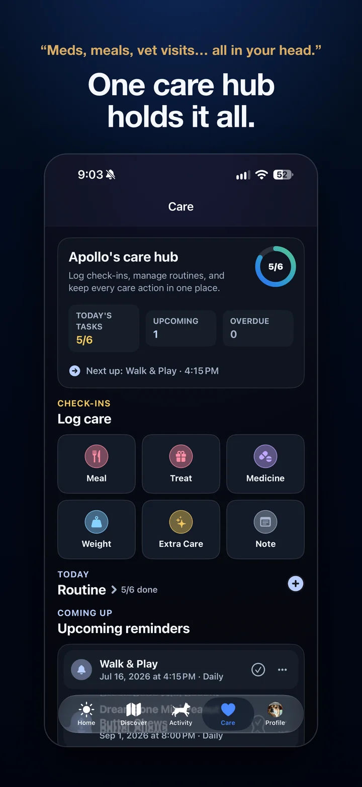 Povalo Care hub with check-ins for meals, treats, medicine, and weight. Headline: Meds, meals, vet visits all in your head? One care hub holds it all.