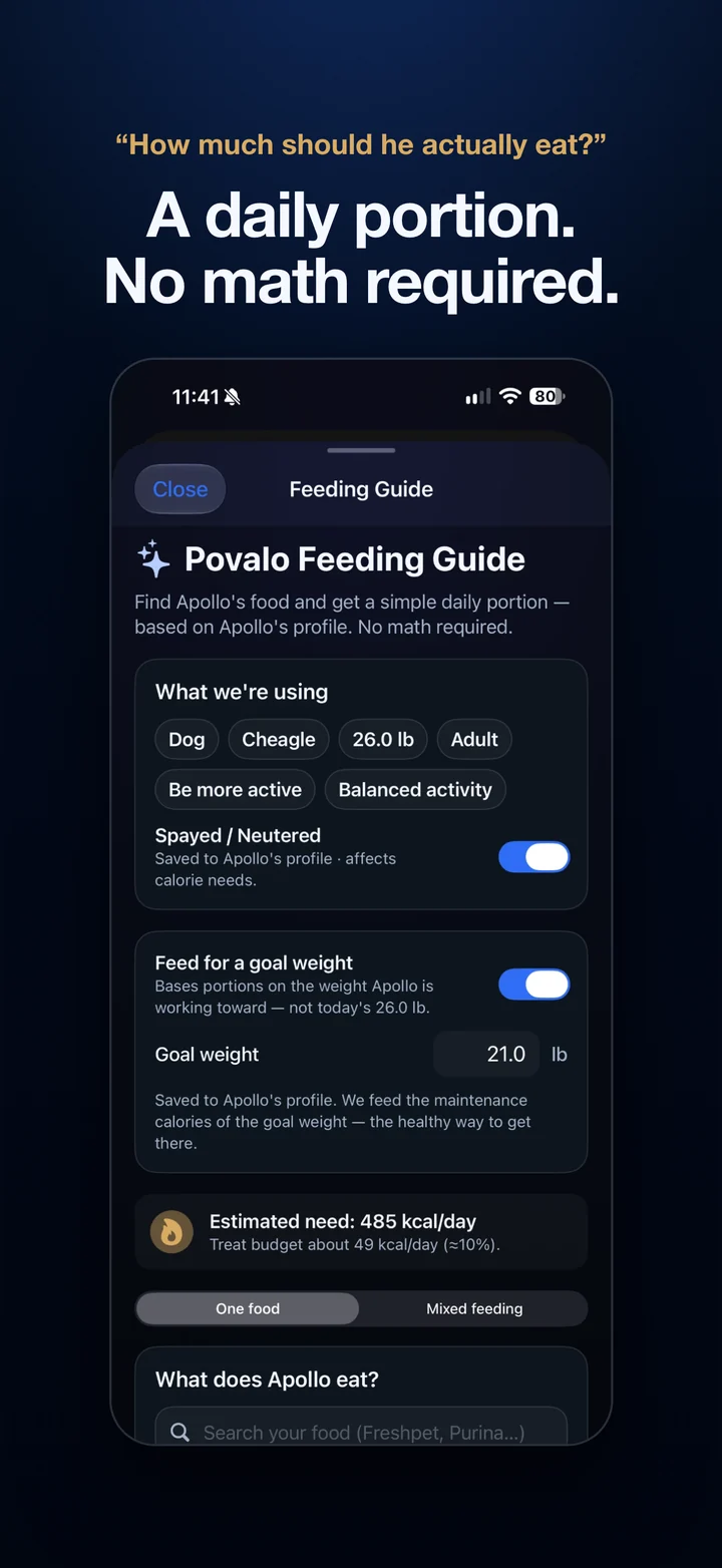 Povalo Feeding Guide suggesting a daily portion from the pet's breed, weight, and activity. Headline: How much should he actually eat? A daily portion. No math required.