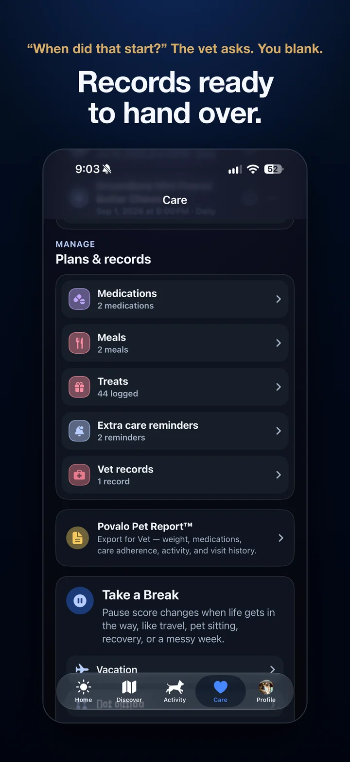 Povalo Plans and records with medications, meals, vet records, and the Pet Report export. Headline: When did that start? Records ready to hand over.