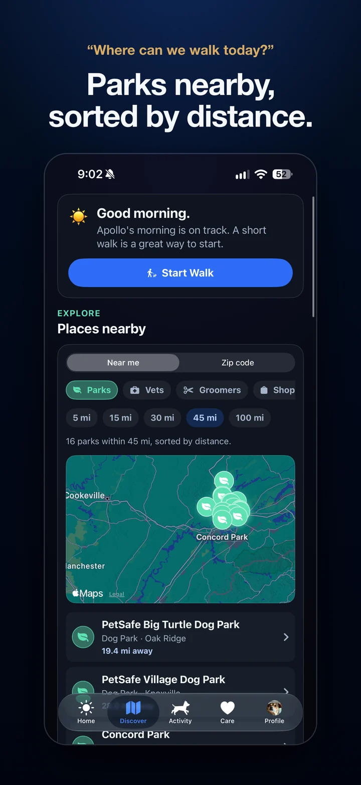 Povalo Places nearby showing parks on a map sorted by distance. Headline: Where can we walk today? Parks nearby, sorted by distance.